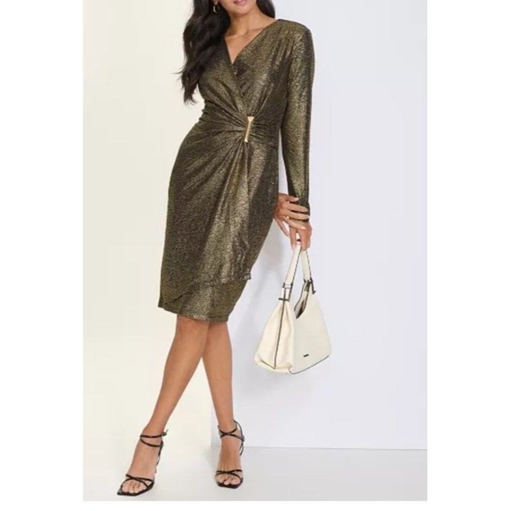 Calvin Klein Gold Metallic Faux-Wrap Sheath Dress Sz 12 $139 Disco 70s Cocktail